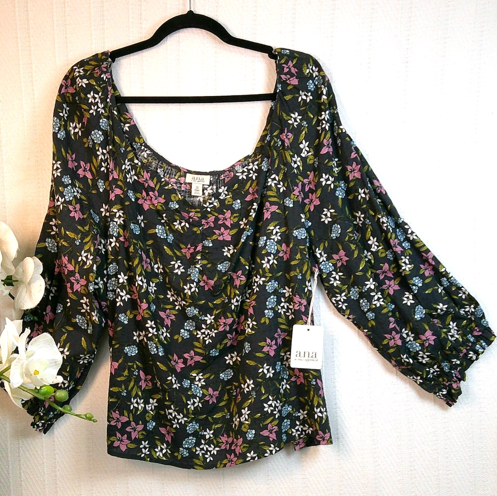 a.n.a Charcoal Grey Floral Blouse Cotton Blend Long Sleeve-2XL NWT RTL $49